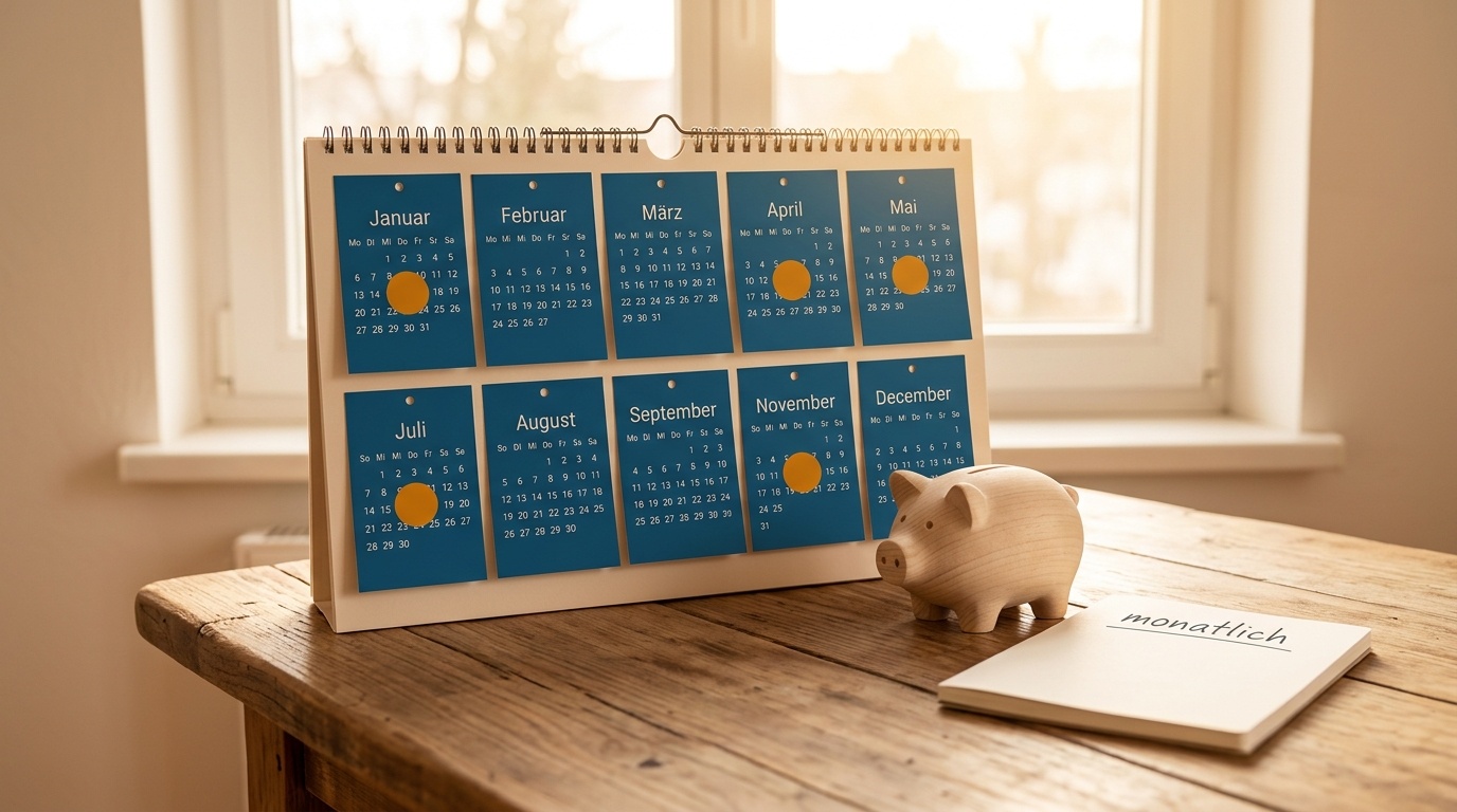 Kalender und Sparplan-Symbole, die regelmäßige Einzahlungen veranschaulichen.
