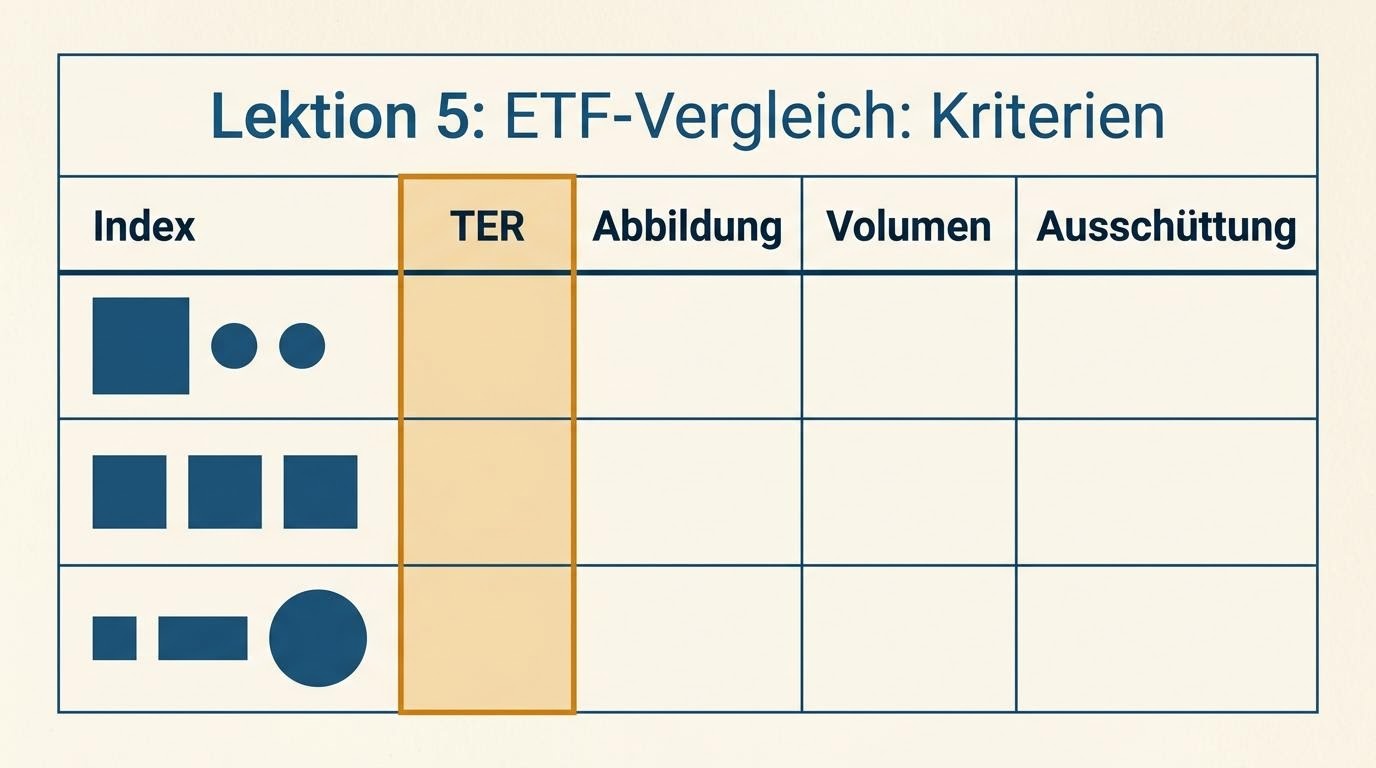 Tabelle mit Vergleichskriterien wie TER, Index und Anbieter.