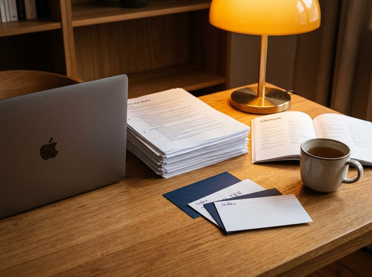 Redaktioneller Schreibtisch mit Lektionsentwürfen, Karteikarten und Warmweiß-Lampe in einer Hamburger Akademie.